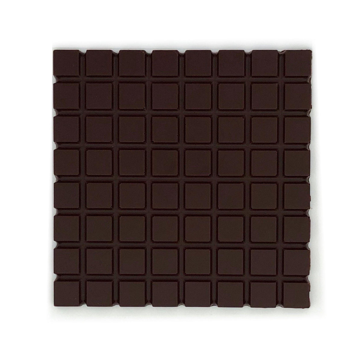 Square dark chocolate bar with a grid pattern, made from 72% organic cocoa sourced from the Dominican Republic.