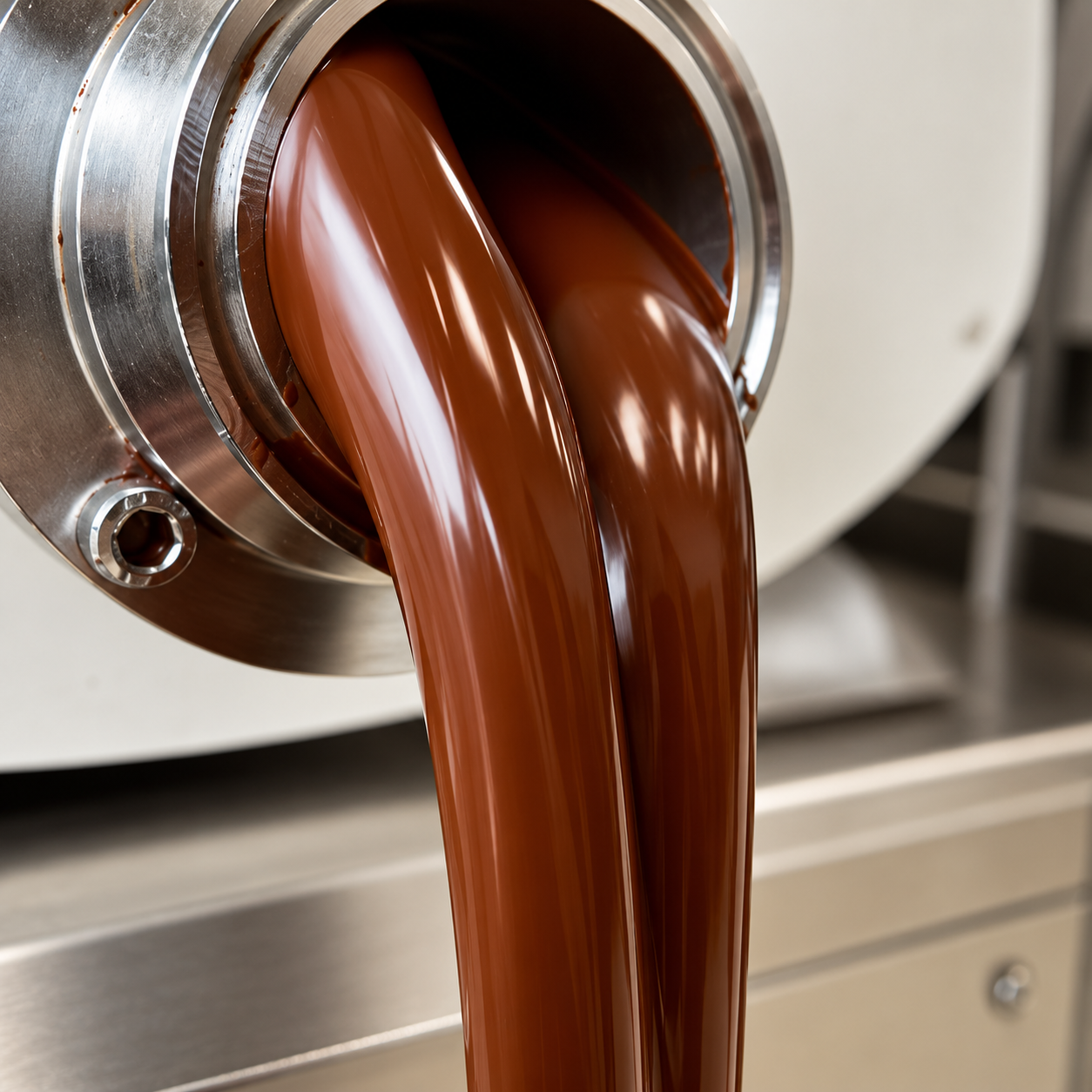 Fresh chocolate flowing from professional equipment at the Nibble factory